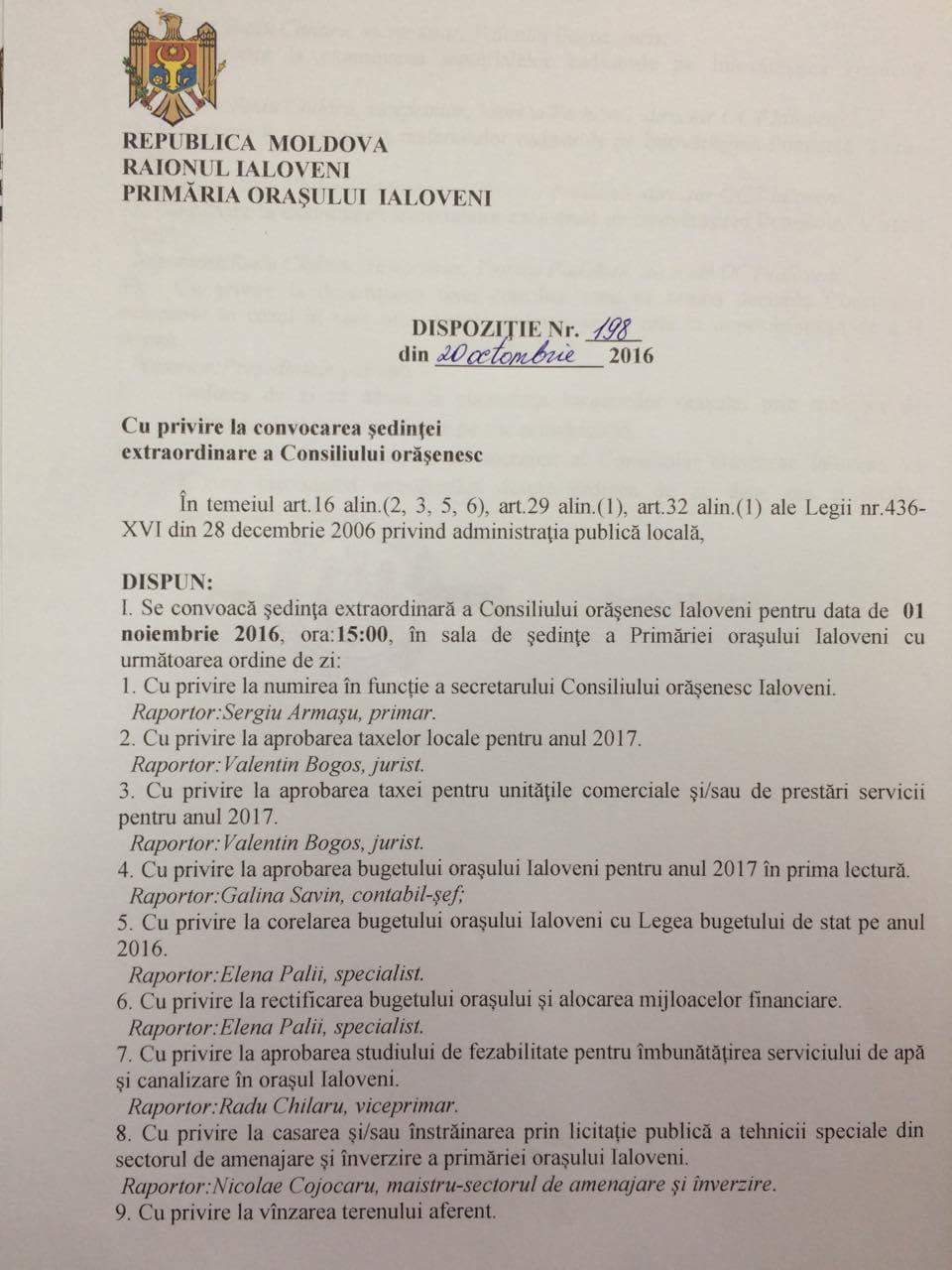 Graficul ședințelor consultative de specialitate a Consiliului orășenesc convocat la 1 noiembrie