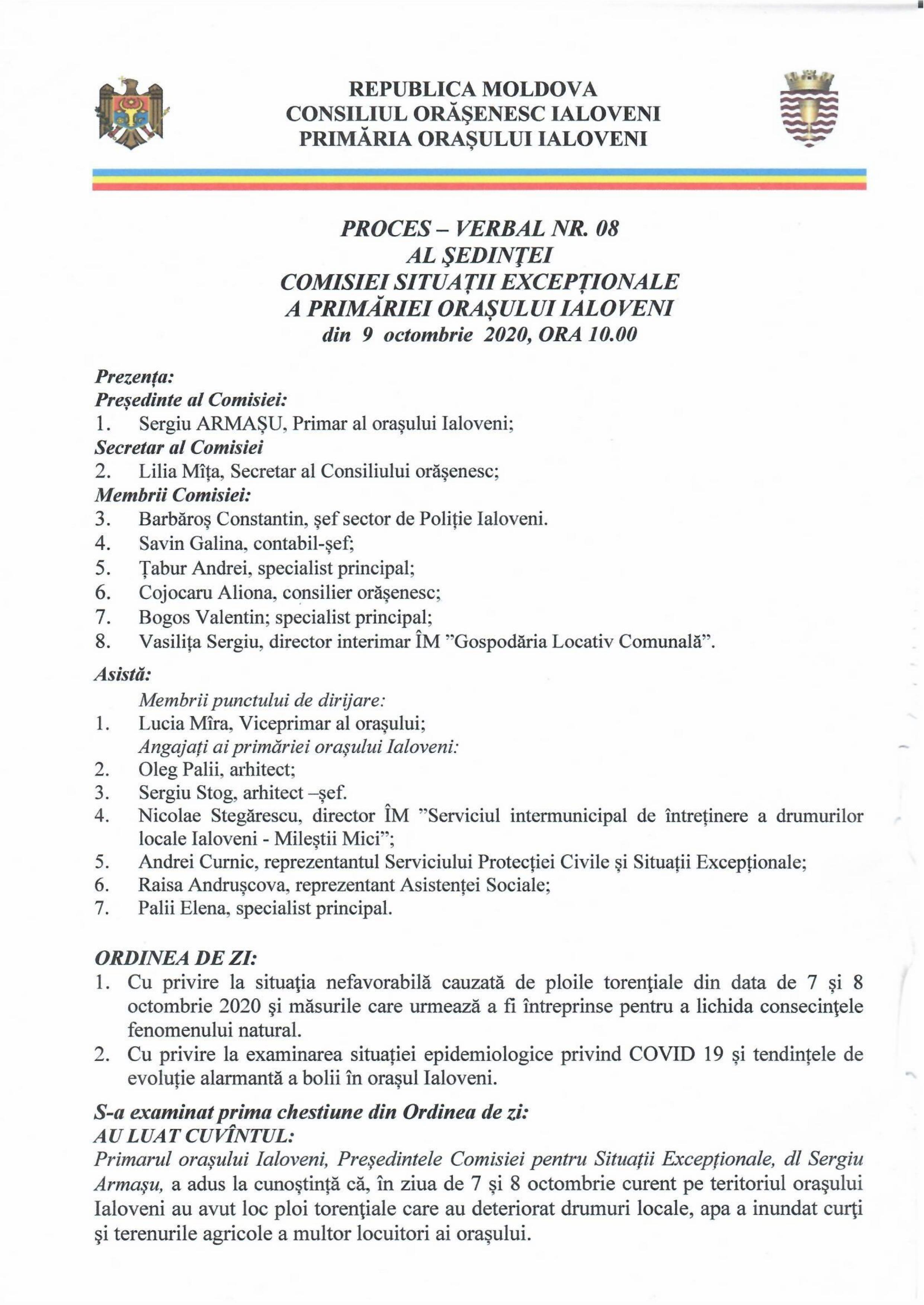 Procesul- verbal nr. 8 cu privire la situația excepțională din orașul Ialoveni