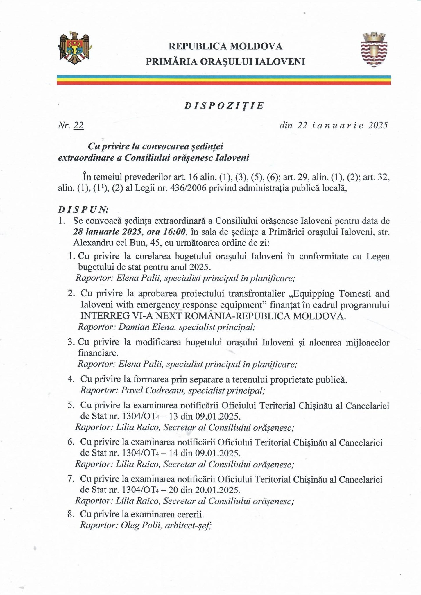 ANUNȚ, Dispoziția dlui Sergiu ARMAȘU, Primar al orașului Ialoveni,