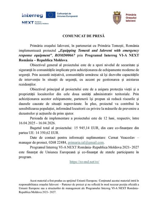 Lansarea proiectului „Dotarea orașelor Tomești și Ialoveni cu echipamente de urgență” (DEISU)