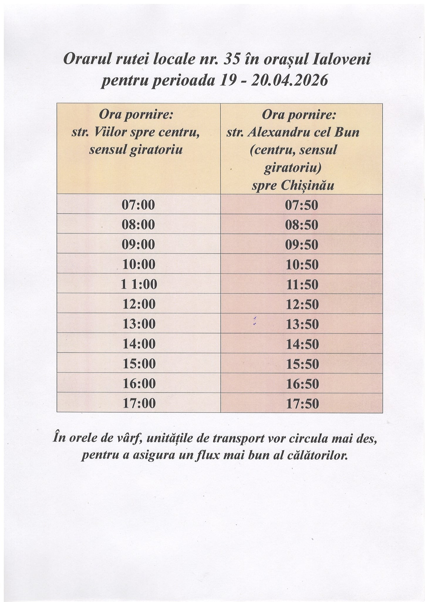 Transport public gratuit în Ialoveni de Paștele Blajinilor (19–20 aprilie 2026)