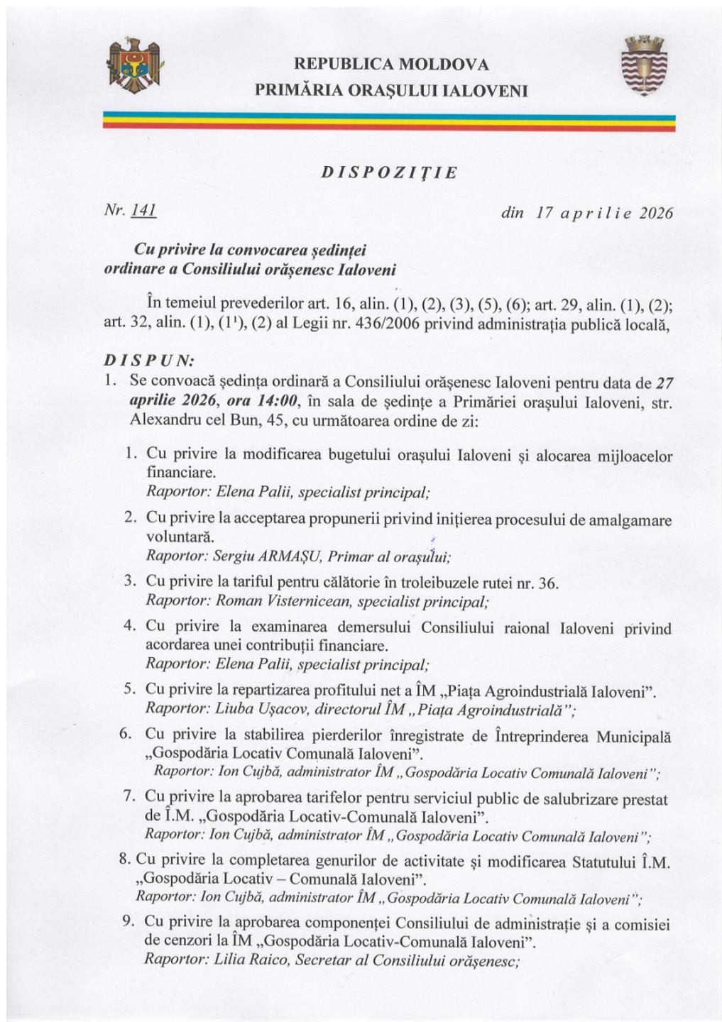 CONVOCAREA ȘEDINȚEI ORDINARE A CONSILIULUI ORĂȘENESC IALOVENI