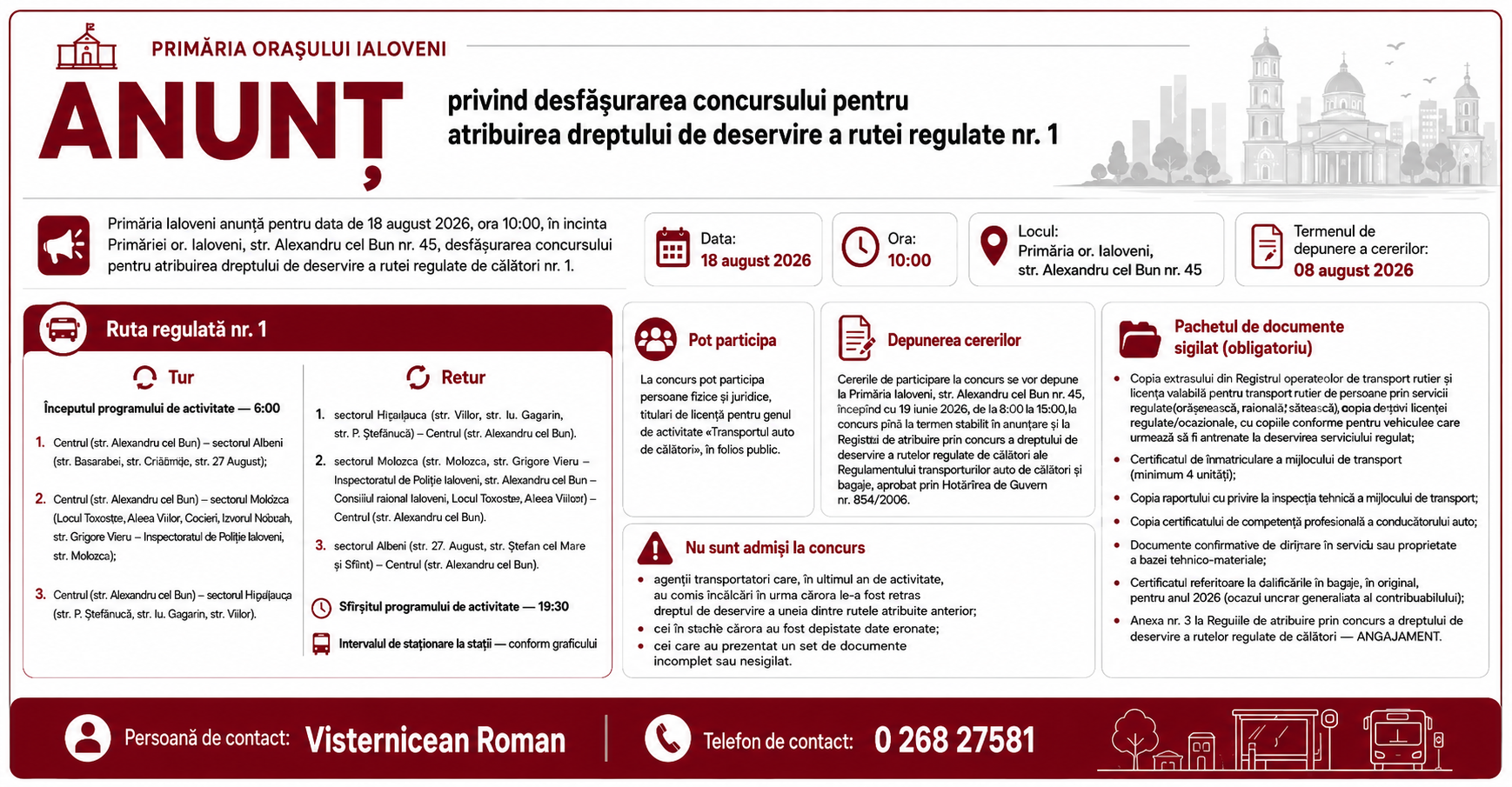 ANUNȚ  privind desfășurarea concursului privind atribuirea dreptului  de deservire a rutei regulate nr. 1