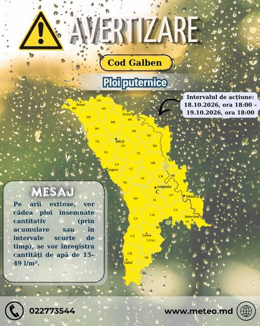 AVERTIZARE METEOROLOGICĂ – COD GALBEN DE PLOI PUTERNICE!