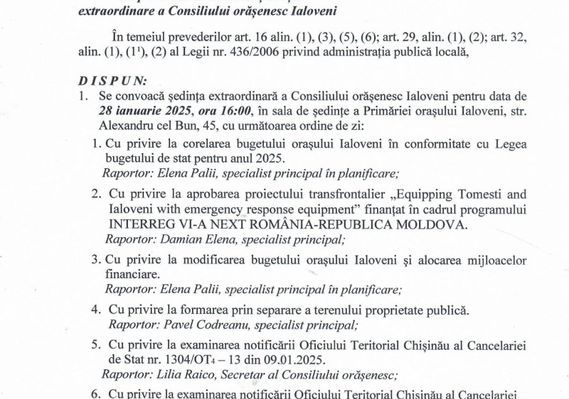 ANUNȚ, Dispoziția dlui Sergiu ARMAȘU, Primar al orașului Ialoveni,